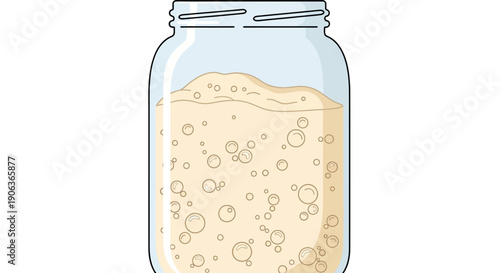 Detailed vector illustration of active bubbling sourdough starter (levain or mother culture) in a clear glass mason jar, representing natural fermentation for homemade bread baking.