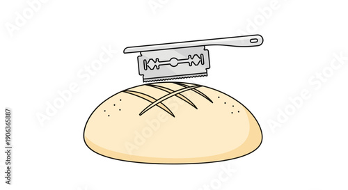 Illustration of bread dough being scored with a razor blade lame before baking, a key step in artisan sourdough preparation and bread making process