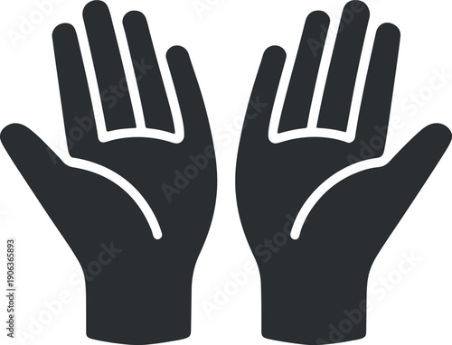 open hands prayer and worship icon black silhouette vector, raised hands supplication and spirituality symbol isolated on white, praying hands gesture minimal flat design