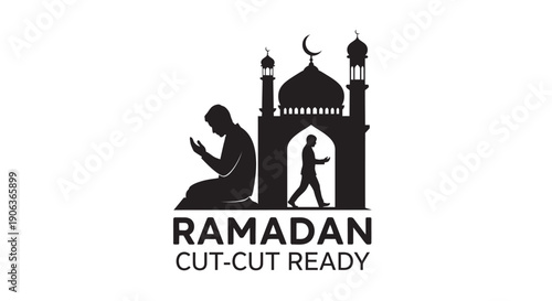 Ramadan silhouette praying man and mosque with crescent moon