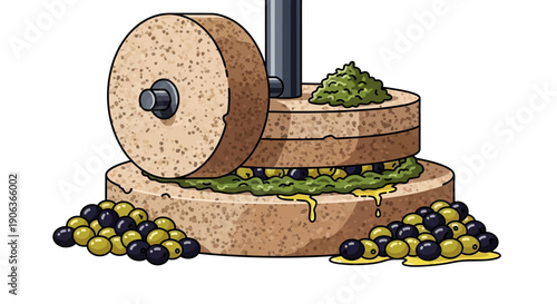 Traditional Olive Oil Production Process Illustration: Vintage Millstone Pressing Olives for Extraction of Pure Oil