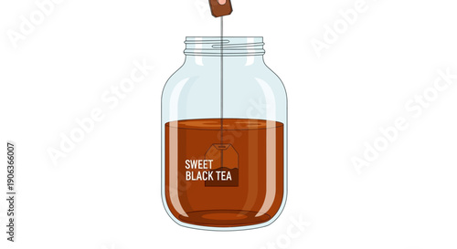 Brewing Sweet Black Tea in a Mason Jar with Tea Bag Illustration. Vector graphic showing the process of steeping a large batch of iced tea.