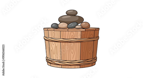Cartoon illustration of wooden spa bucket or sauna barrel topped with stacked hot massage stones for wellness, relaxation, and hydrotherapy rituals isolated on white.