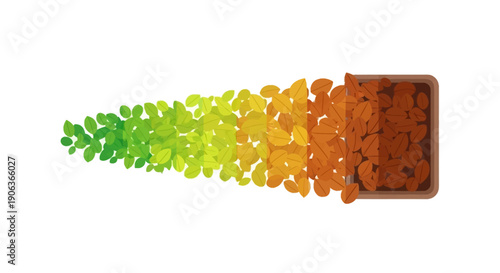 Seasonal Color Transition of Leaves Vector Illustration: Gradient from Vibrant Green Summer Foliage to Dry Brown Autumn Decay, Representing Life Cycle and Environmental Change