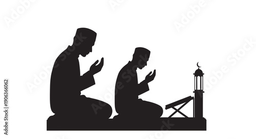 Silhouette of Muslim men praying together in serenity with a lantern