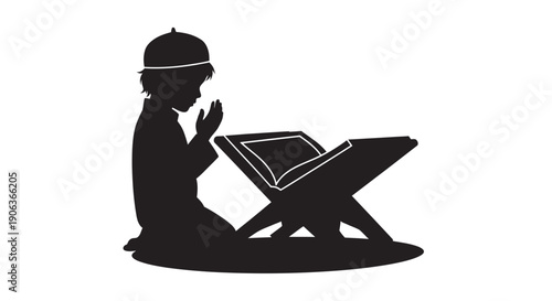 Muslim man praying with Quran in a serene silhouette