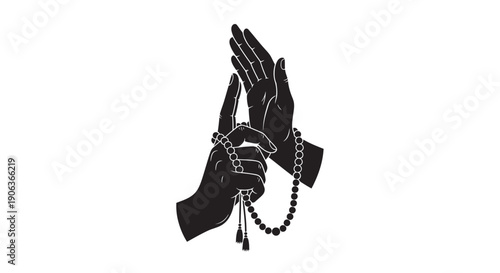 Praying hands with rosary beads in black silhouette illustration on white background
