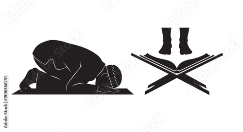 Muslim man praying beside Quran and shoes in a simple silhouette style