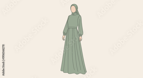 Woman wearing traditional Islamic green dress and hijab illustration.
