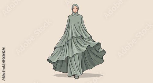 Woman wearing a long green hijab dress and headscarf, illustration.