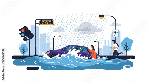 Heavy rainfall causing severe street flooding with a car partially submerged and people running for safety in a stormy city.