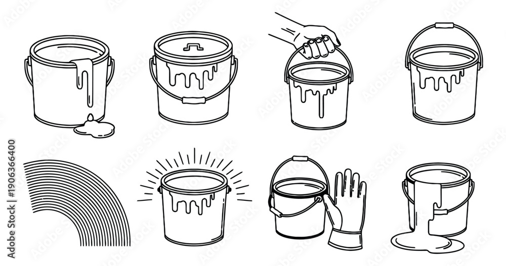 Obraz premium Hand drawn line art paint bucket set featuring open and spilling containers with painting accessories for home improvement projects