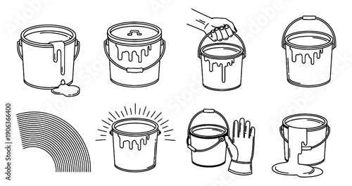 Hand drawn line art paint bucket set featuring open and spilling containers with painting accessories for home improvement projects