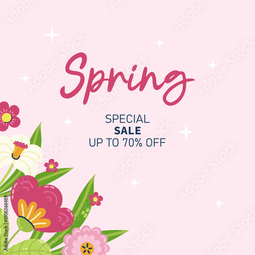Hello Spring square web banner with flower bouquets in the corner. For sales and discounts. Cute hand drawn flowers. Vector illustration on pink background.