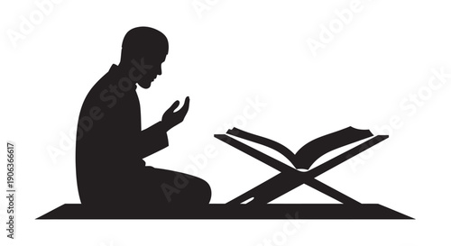 Man praying with open holy book in silhouette style on white background