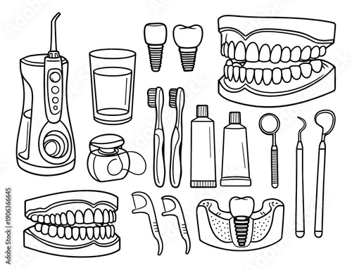 Hand drawn line art dental care set featuring oral hygiene tools, implants, and jaw models for professional dentistry