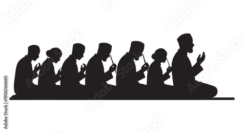 Muslim men praying in a row with devotion and serenity