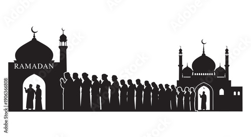 Muslim people praying in front of mosque during Ramadan with copy space