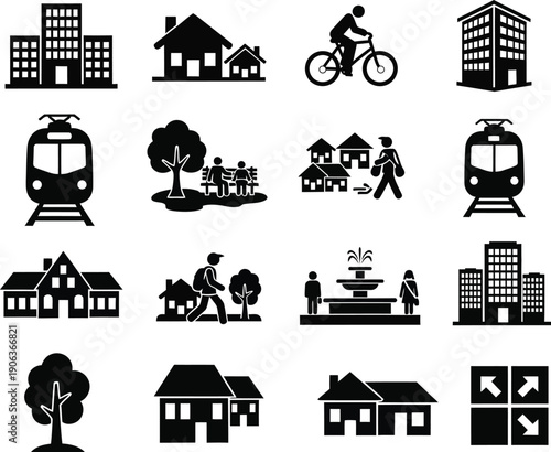 Urban silhouette icons of buildings transportation and people