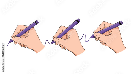 Three different hands holding purple crayons and drawing a continuous wavy line across a white background for creative art concepts.