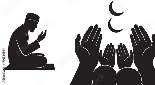 Muslim man praying with community raising hands in worship during Ramadan with crescent moons