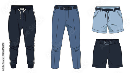 Collection of various men's clothing items including navy sweatpants blue denim trousers and two pairs of stylish casual shorts.