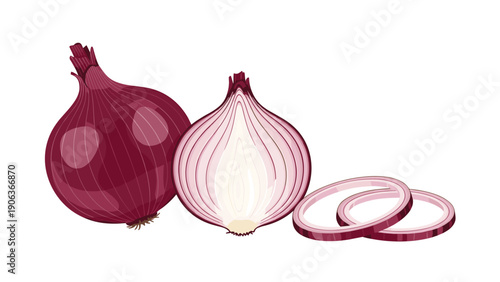 Fresh red onions presented as a whole vegetable a half cut piece and two thin rings for culinary and cooking ingredients.
