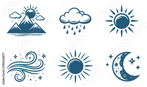 Hand drawn weather and nature icons set featuring sun, clouds, rain, mountains, wind, and moon for forecasting and natural themes