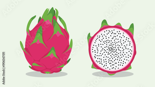 Exotic red dragon fruit or pitaya shown as a whole fruit and a cross section with white flesh and black seeds for healthy eating.