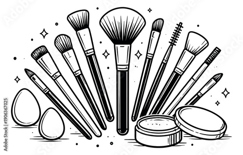 Hand drawn line art makeup tools set featuring various brushes, beauty blenders, and compact powders for beauty and cosmetic projects
