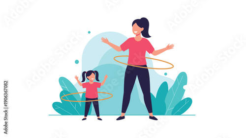 Happy mother and young daughter exercising together by using hula hoops in a park with green plants in a flat illustration style.