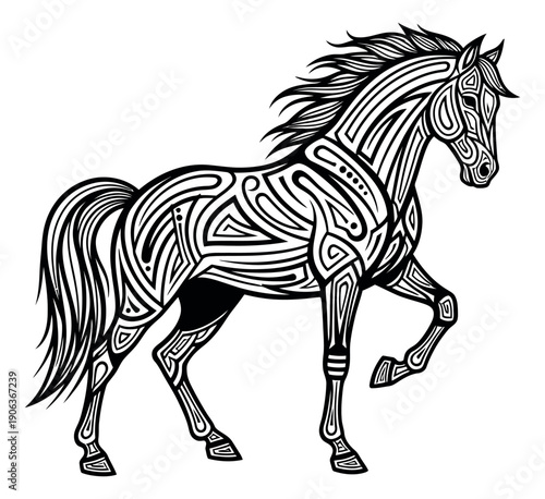 Ornamental line art illustration of a horse depicting an elegant pose for artistic projects