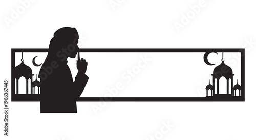 Muslim woman praying silhouette with mosque and crescent moon in minimalist frame