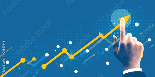 Hand touching an arrow pointing up, a growth graph going upwards