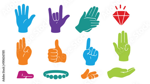Hand icon set with colorful signs and symbols on transparent background