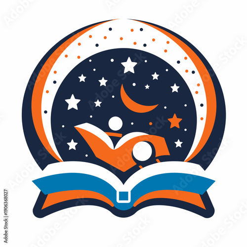 Abstract illustration of a book with stars and a crescent moon