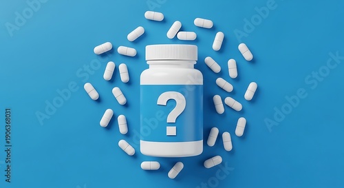 White plastic medicine bottle with question mark label and scattered pills on blue background for health and medical concepts