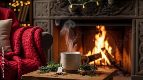 Wallpaper Mural Steaming Mug on Wooden Table Next to Fireplace with Red Blanket Pillow and Twinkling Lights for Holiday Atmosphere Torontodigital.ca