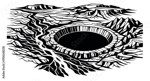 Woodcut style illustration of a moonscape depicting a barren crater and cracked surface for space exploration