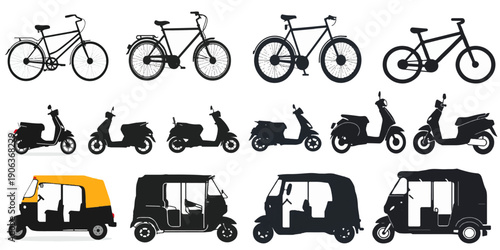Black silhouette vector collection of bicycles, motorcycles, three wheel vehicles, and transport designs for modern graphics, posters, branding, and education projects.