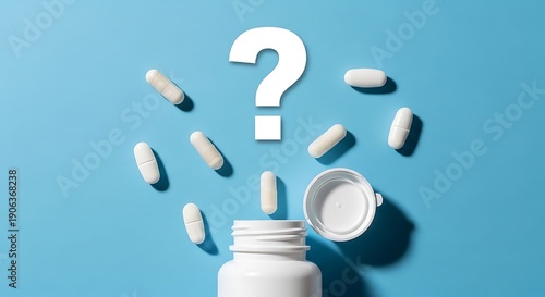 White pills and bottle with question mark on blue background  health and medical concept