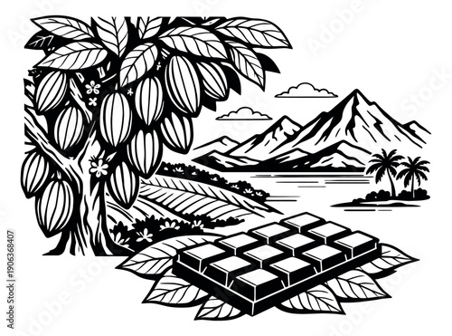 Hand drawn line art illustration of a chocolate bar with a cocoa tree depicting its tropical origin for food and beverage
