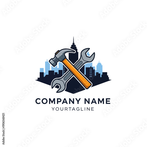 Wrench and Spanner Crossed Over Cityscape Logo.