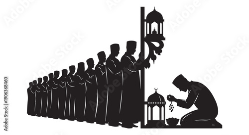 Monks passing lanterns in a line with kneeling figure