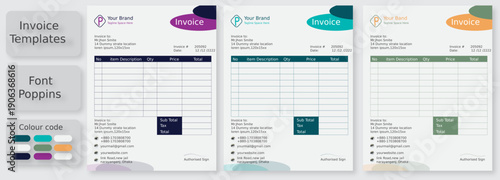 Modern Invoice Templates Set with Colorful Header Options, Professional Design