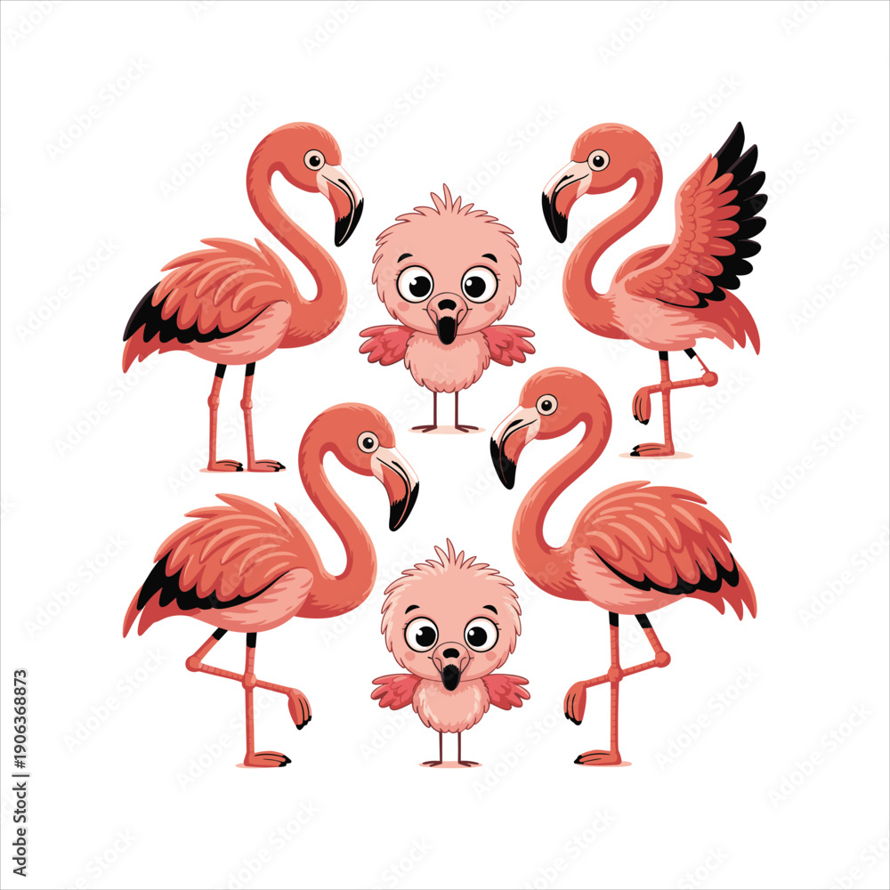 Obraz premium Pink flamingos cartoon vector illustration of tropical birds in nature