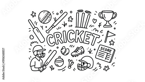Cricket vector illustration with various sports equipment on transparent background
