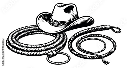 Hand drawn line art western gear set featuring a cowboy hat, lasso, and whip for rodeo or adventure themes