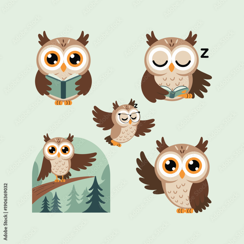 Fototapeta premium Funny Cute Cartoon Owl Set Illustration