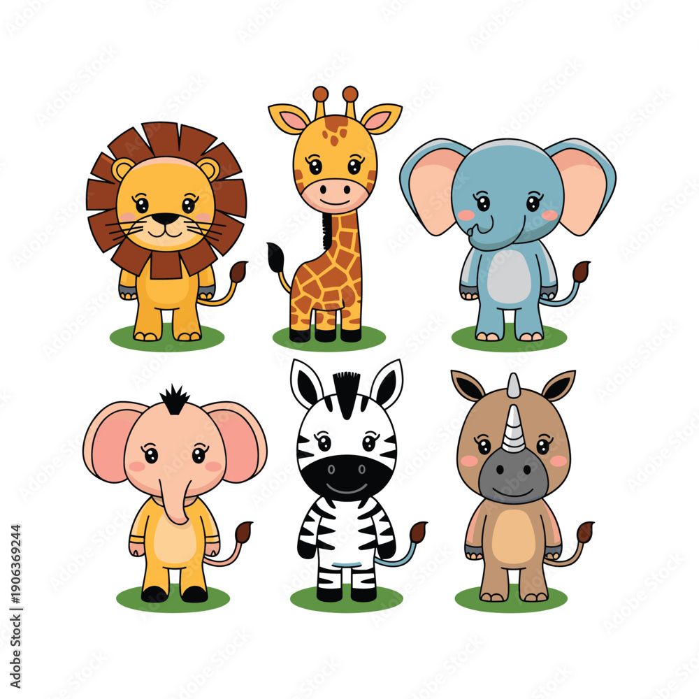 Obraz premium Cute cartoon baby animals like dog, cat, lion, cow, bear, rabbit and elephant smiling together in a colorful zoo style vector illustration set